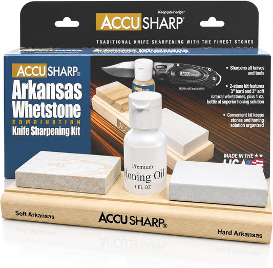 AccuSharp Arkansas 2 Whetstone Knife Sharpening Stones Set, 3" Fine & Medium Natural Whetstone w/ 1oz Honing Solution for Traditional, Coarse & Fine Sharpening