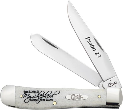 Case WR XX Pocket Knife Natural Smooth Bone Trapper W/Psalm 23 and Artwork Item #8795 - (6254 SS) - Length Closed: 4 1/8 Inches
