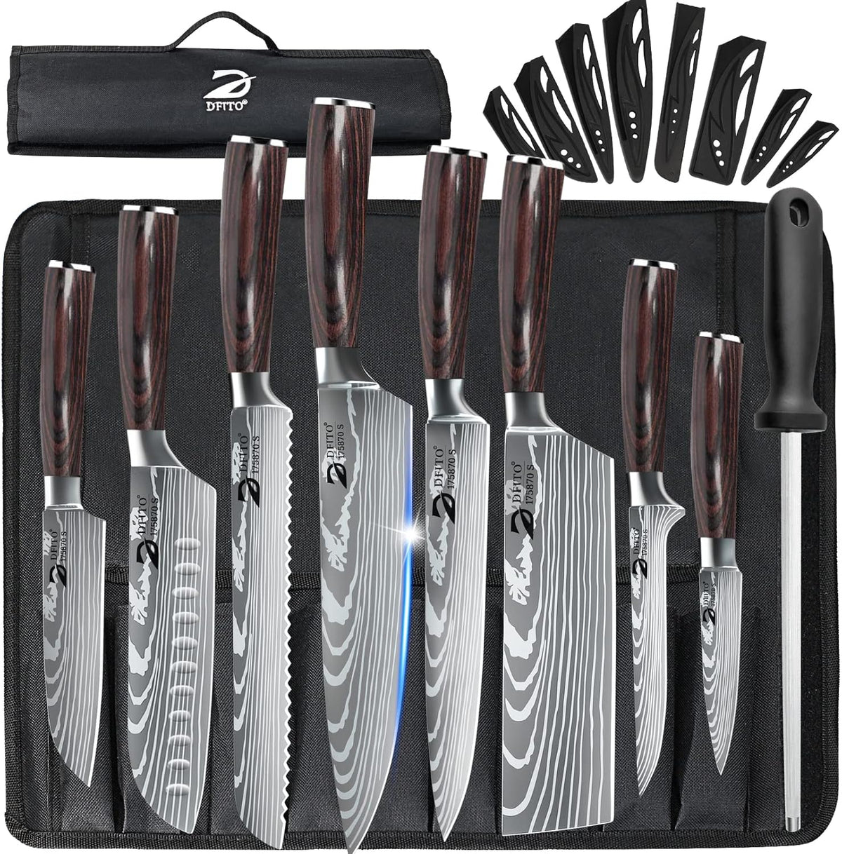 Chef Knife Sets with Roll Bag, 9 Pieces Professional Knife Set, High Carbon Stainless Steel Kitchen Chef Knife Set, Red Pakkawood Handle, Dishwasher Safe