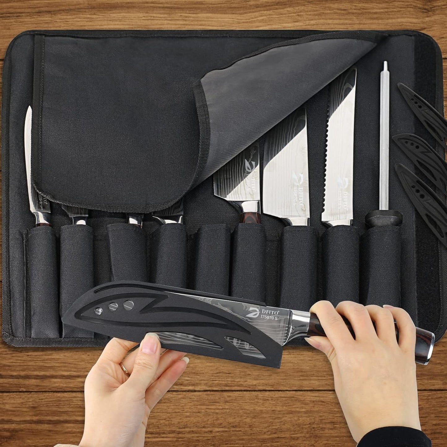 Chef Knife Sets with Roll Bag, 9 Pieces Professional Knife Set, High Carbon Stainless Steel Kitchen Chef Knife Set, Red Pakkawood Handle, Dishwasher Safe