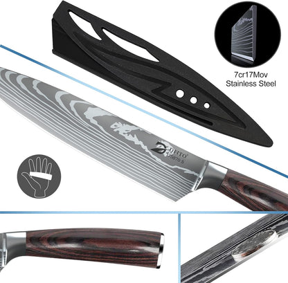 Chef Knife Sets with Roll Bag, 9 Pieces Professional Knife Set, High Carbon Stainless Steel Kitchen Chef Knife Set, Red Pakkawood Handle, Dishwasher Safe