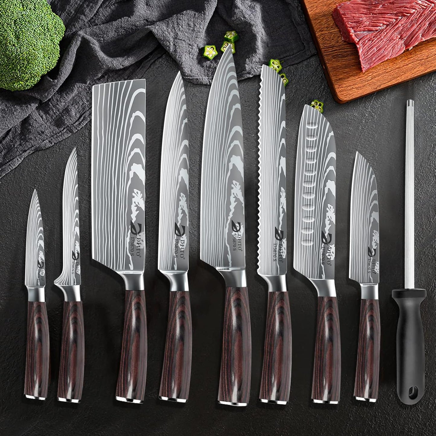 Chef Knife Sets with Roll Bag, 9 Pieces Professional Knife Set, High Carbon Stainless Steel Kitchen Chef Knife Set, Red Pakkawood Handle, Dishwasher Safe