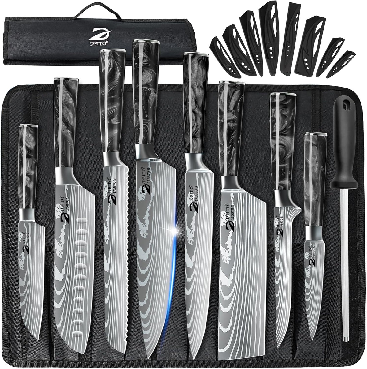Chef Knife Sets with Roll Bag, 9 Pieces Professional Knife Set, High Carbon Stainless Steel Kitchen Chef Knife Set, Red Pakkawood Handle, Dishwasher Safe