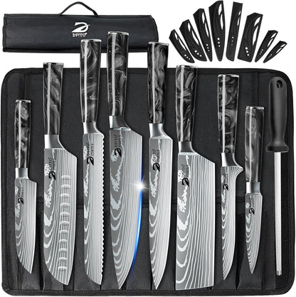 Chef Knife Sets with Roll Bag, 9 Pieces Professional Knife Set, High Carbon Stainless Steel Kitchen Chef Knife Set, Red Pakkawood Handle, Dishwasher Safe