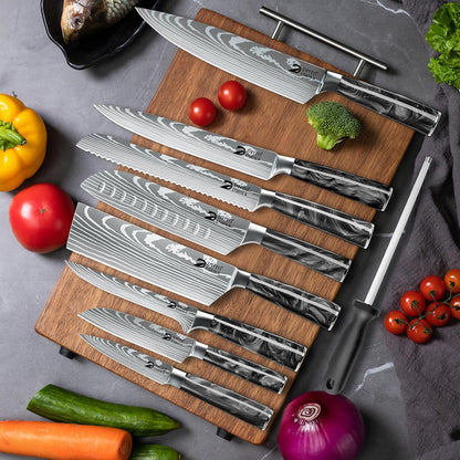 Chef Knife Sets with Roll Bag, 9 Pieces Professional Knife Set, High Carbon Stainless Steel Kitchen Chef Knife Set, Red Pakkawood Handle, Dishwasher Safe