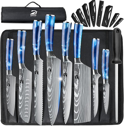 Chef Knife Sets with Roll Bag, 9 Pieces Professional Knife Set, High Carbon Stainless Steel Kitchen Chef Knife Set, Red Pakkawood Handle, Dishwasher Safe
