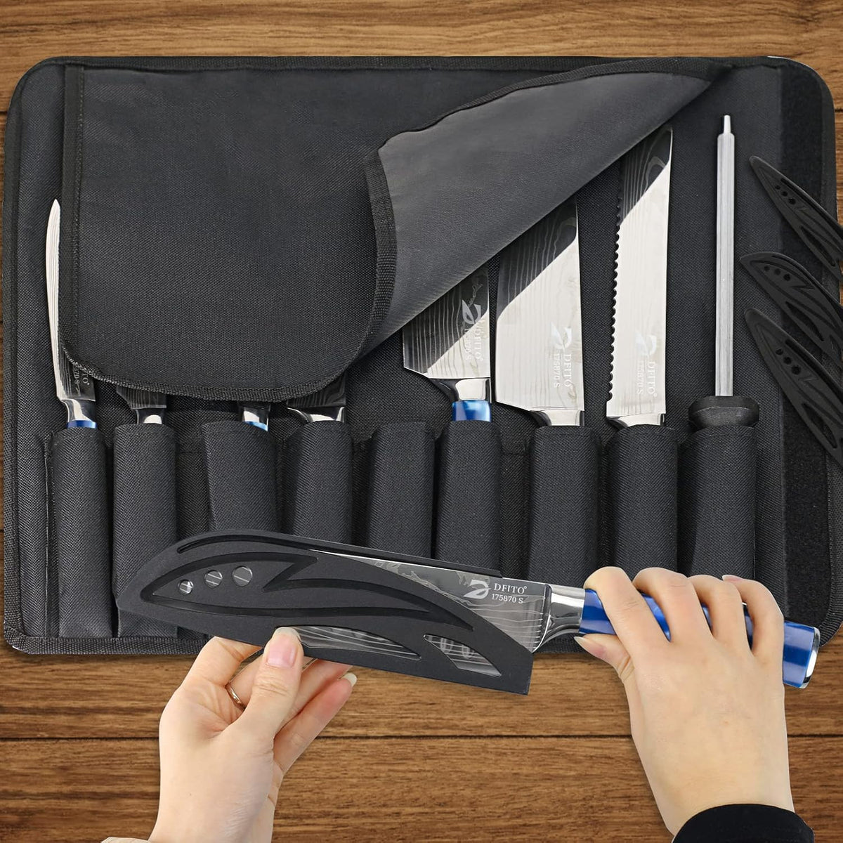 Chef Knife Sets with Roll Bag, 9 Pieces Professional Knife Set, High Carbon Stainless Steel Kitchen Chef Knife Set, Red Pakkawood Handle, Dishwasher Safe