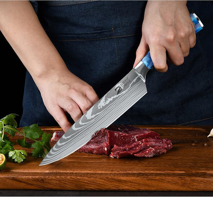 Chef Knife Sets with Roll Bag, 9 Pieces Professional Knife Set, High Carbon Stainless Steel Kitchen Chef Knife Set, Red Pakkawood Handle, Dishwasher Safe