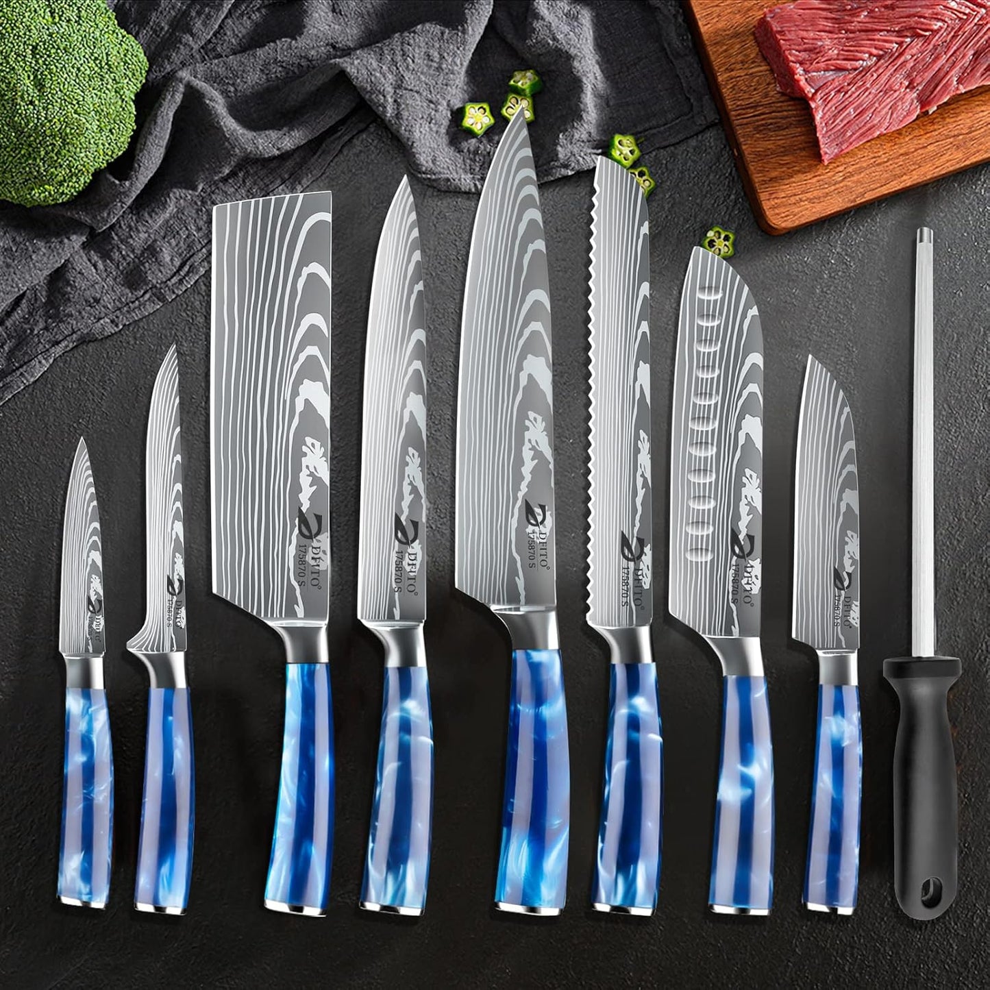 Chef Knife Sets with Roll Bag, 9 Pieces Professional Knife Set, High Carbon Stainless Steel Kitchen Chef Knife Set, Red Pakkawood Handle, Dishwasher Safe