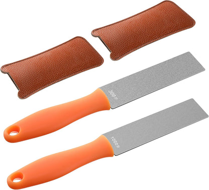 2 Pcs Dual Grit Diamond Sharpening Stone File Coarse 300# /Extra Fine 1000# Grit with Leather Sleeve Garden Tool Blade Sharpener for Knife, Axe, Lawn Mower Blade, Shears, Chisel Spade (Orange)
