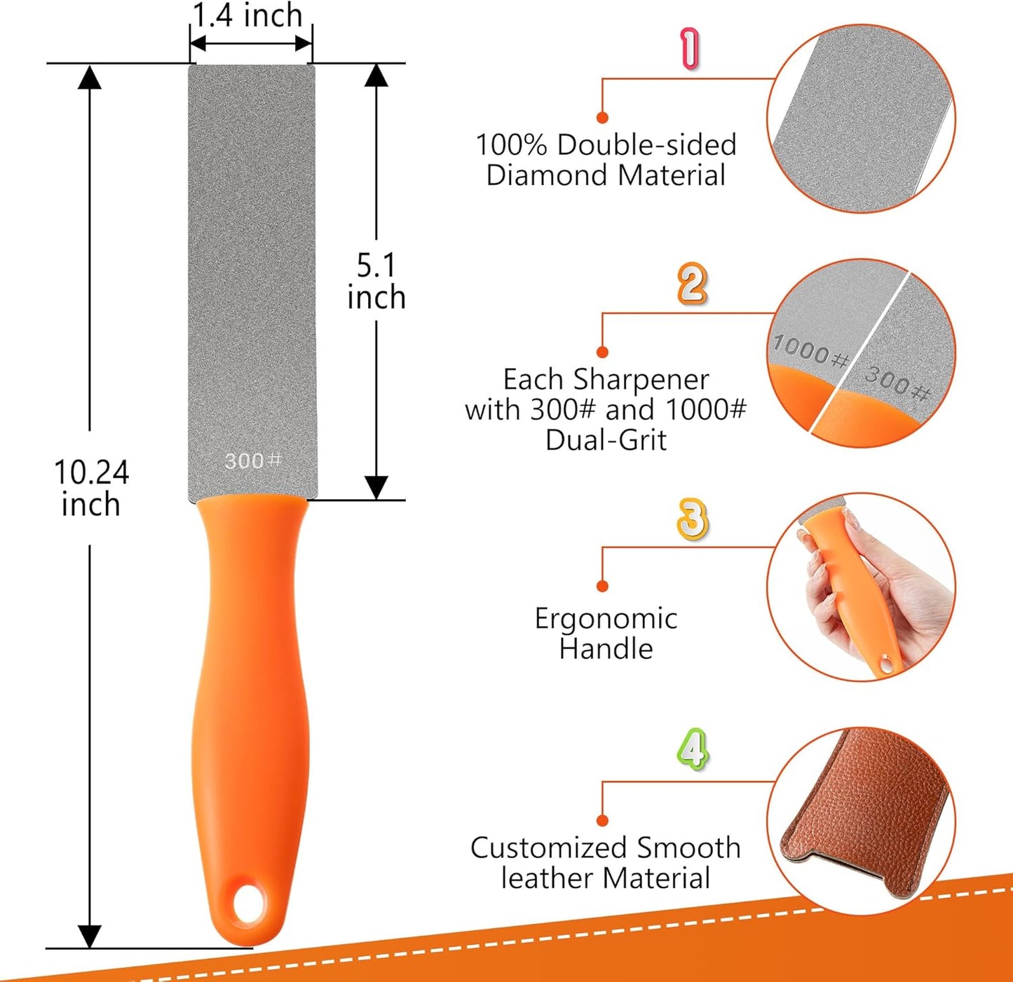 2 Pcs Dual Grit Diamond Sharpening Stone File Coarse 300# /Extra Fine 1000# Grit with Leather Sleeve Garden Tool Blade Sharpener for Knife, Axe, Lawn Mower Blade, Shears, Chisel Spade (Orange)