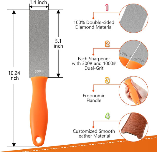 2 Pcs Dual Grit Diamond Sharpening Stone File Coarse 300# /Extra Fine 1000# Grit with Leather Sleeve Garden Tool Blade Sharpener for Knife, Axe, Lawn Mower Blade, Shears, Chisel Spade (Orange)