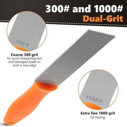 2 Pcs Dual Grit Diamond Sharpening Stone File Coarse 300# /Extra Fine 1000# Grit with Leather Sleeve Garden Tool Blade Sharpener for Knife, Axe, Lawn Mower Blade, Shears, Chisel Spade (Orange)