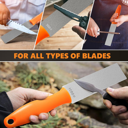 2 Pcs Dual Grit Diamond Sharpening Stone File Coarse 300# /Extra Fine 1000# Grit with Leather Sleeve Garden Tool Blade Sharpener for Knife, Axe, Lawn Mower Blade, Shears, Chisel Spade (Orange)
