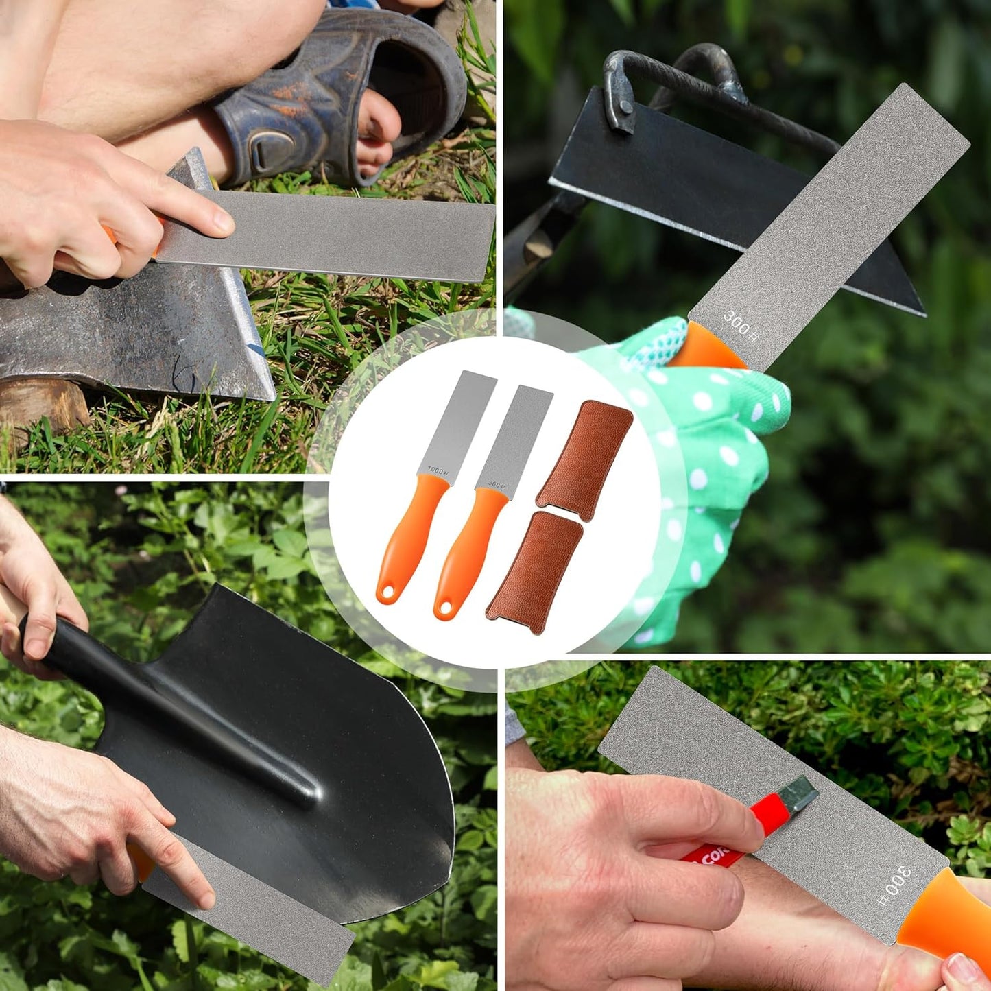 2 Pcs Dual Grit Diamond Sharpening Stone File Coarse 300# /Extra Fine 1000# Grit with Leather Sleeve Garden Tool Blade Sharpener for Knife, Axe, Lawn Mower Blade, Shears, Chisel Spade (Orange)