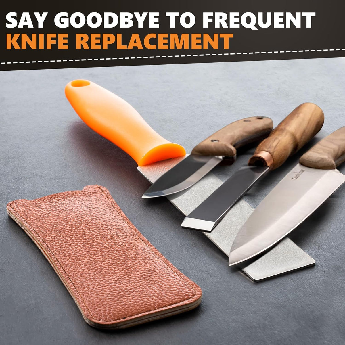 2 Pcs Dual Grit Diamond Sharpening Stone File Coarse 300# /Extra Fine 1000# Grit with Leather Sleeve Garden Tool Blade Sharpener for Knife, Axe, Lawn Mower Blade, Shears, Chisel Spade (Orange)