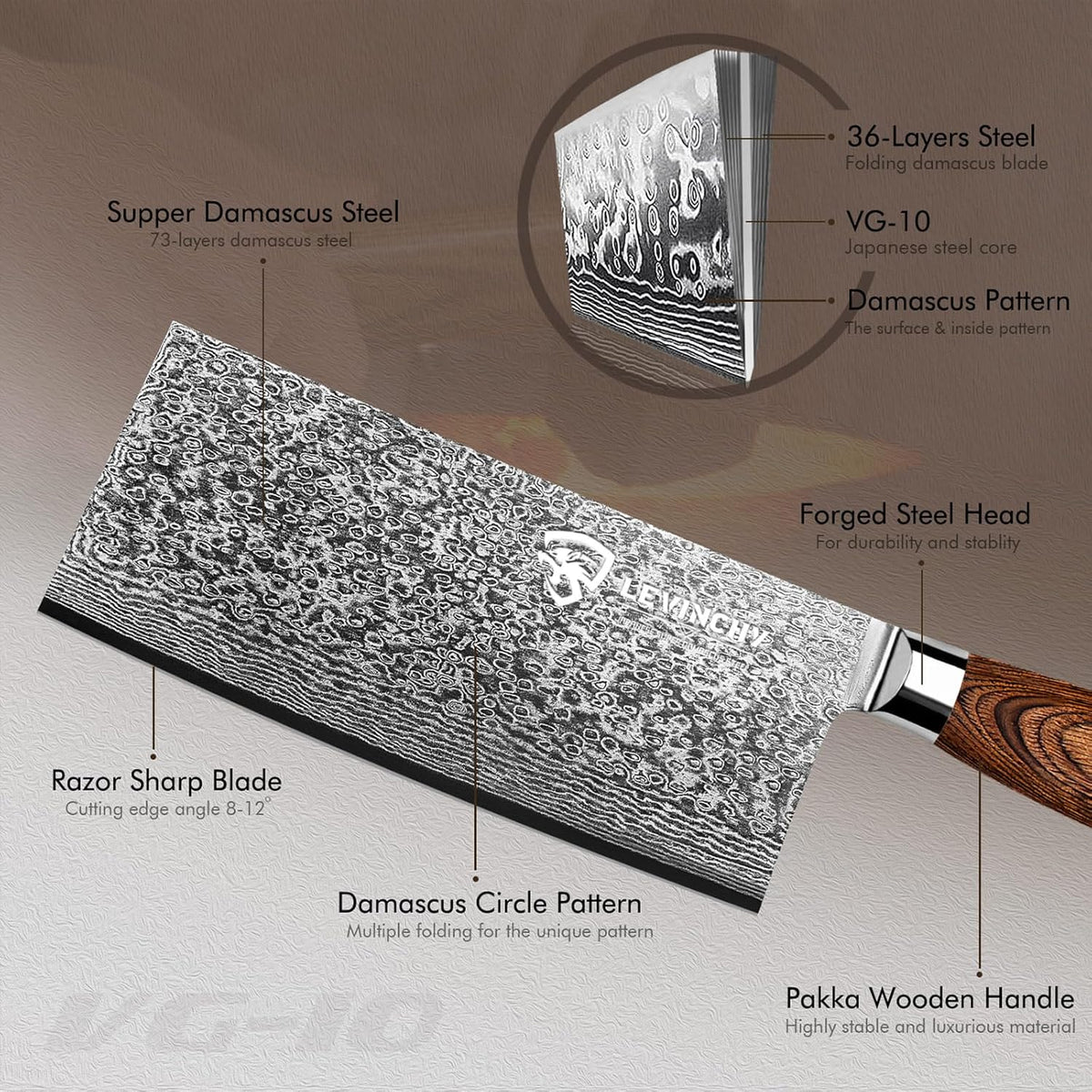 8-Inch Damascus Cleaver Knife with Pakkawood Handle Balanced