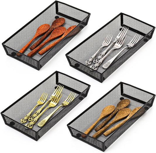 4 Pack 12 Inch Mesh Flatware Trays for Kitchen Drawers, Metal Utensil Desk Drawer Organizer Kitchen Cutlery Tray Holder, Long Narrow Silverware Organizer for Spoon, Knife, Fork