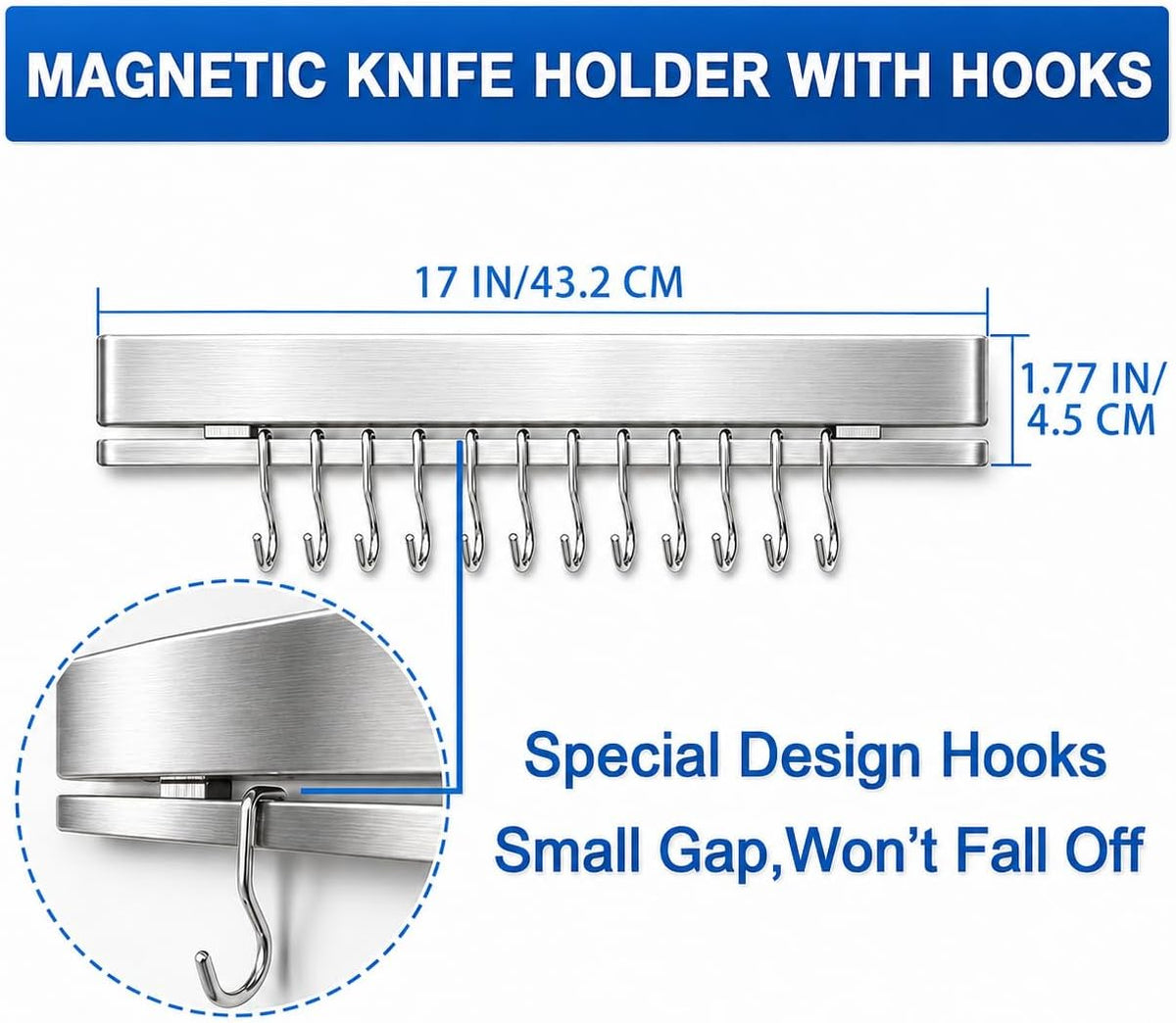 12 Inch Magnetic Knife Holder for Wall, Adhesive Knife Magnetic Strip No Drilling with 6 Hooks, Powerful Magnetic Knife Strip, Magnetic tool Holder for Kitchen Knives & Utensils (Silver)