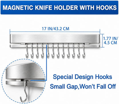 12 Inch Magnetic Knife Holder for Wall, Adhesive Knife Magnetic Strip No Drilling with 6 Hooks, Powerful Magnetic Knife Strip, Magnetic tool Holder for Kitchen Knives & Utensils (Silver)