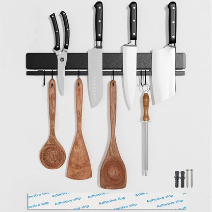 12 Inch Magnetic Knife Holder for Wall, Adhesive Knife Magnetic Strip No Drilling with 6 Hooks, Powerful Magnetic Knife Strip, Magnetic tool Holder for Kitchen Knives & Utensils (Silver)