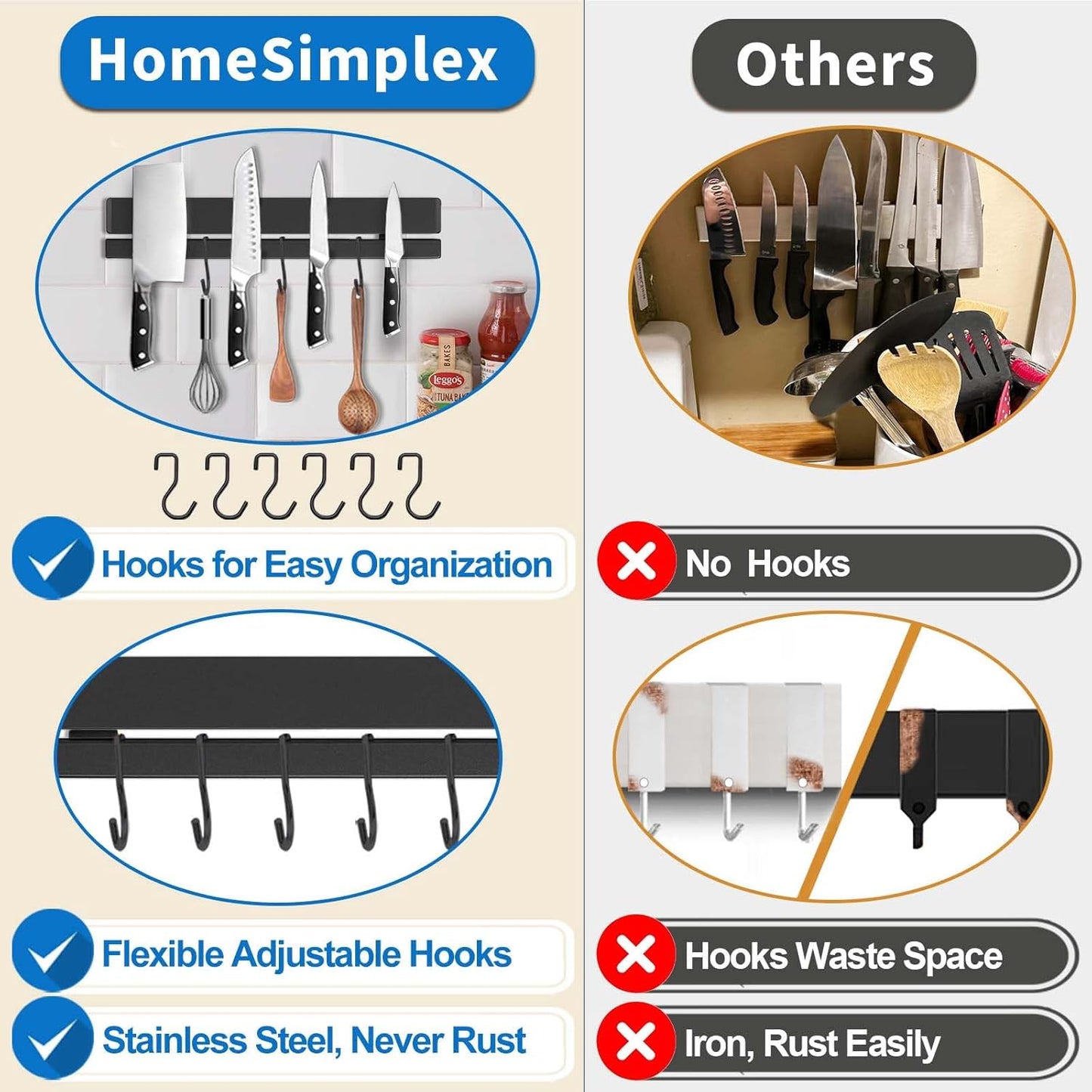 12 Inch Magnetic Knife Holder for Wall, Adhesive Knife Magnetic Strip No Drilling with 6 Hooks, Powerful Magnetic Knife Strip, Magnetic tool Holder for Kitchen Knives & Utensils (Silver)