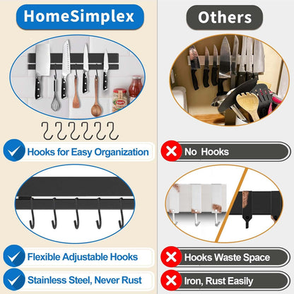 12 Inch Magnetic Knife Holder for Wall, Adhesive Knife Magnetic Strip No Drilling with 6 Hooks, Powerful Magnetic Knife Strip, Magnetic tool Holder for Kitchen Knives & Utensils (Silver)