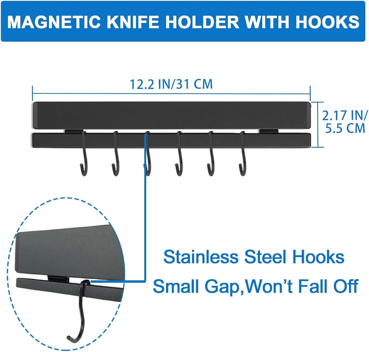 12 Inch Magnetic Knife Holder for Wall, Adhesive Knife Magnetic Strip No Drilling with 6 Hooks, Powerful Magnetic Knife Strip, Magnetic tool Holder for Kitchen Knives & Utensils (Silver)