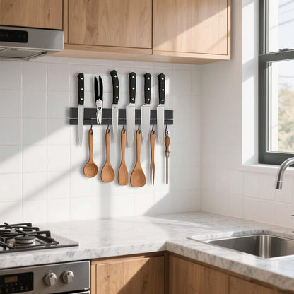 12 Inch Magnetic Knife Holder for Wall, Adhesive Knife Magnetic Strip No Drilling with 6 Hooks, Powerful Magnetic Knife Strip, Magnetic tool Holder for Kitchen Knives & Utensils (Silver)
