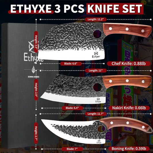 Butcher Knife Set – 3PCS Hand Forged Kitchen Knife Set with Serbian Chef Knife, Viking Boning Knife & Meat Cleaver, High Carbon Steel for Meat Cutting, Outdoor BBQ, Camping, Gift for Men