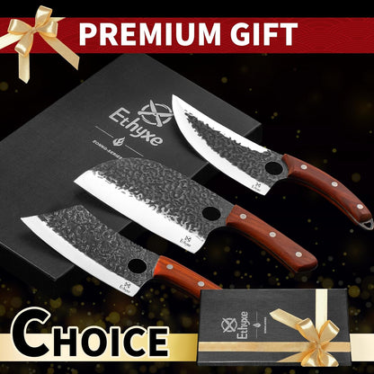 Butcher Knife Set – 3PCS Hand Forged Kitchen Knife Set with Serbian Chef Knife, Viking Boning Knife & Meat Cleaver, High Carbon Steel for Meat Cutting, Outdoor BBQ, Camping, Gift for Men