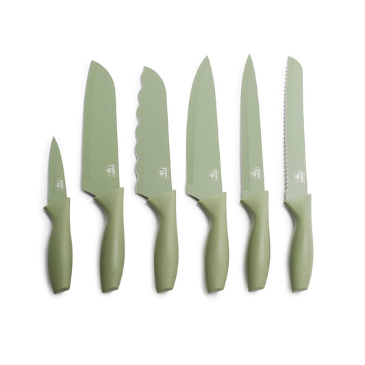 6 Piece High Carbon Stainless Steel Knife Set, Sage Green | Paring, Sandwich, Santoku, Bread, Slicing, Chef’s Knife, Rust-Resistant, Ergonomic Handles, Razor Sharp, Camping-Ready