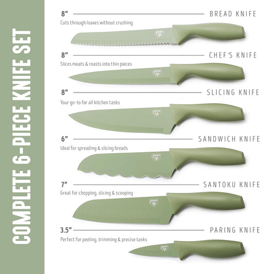 6 Piece High Carbon Stainless Steel Knife Set, Sage Green | Paring, Sandwich, Santoku, Bread, Slicing, Chef’s Knife, Rust-Resistant, Ergonomic Handles, Razor Sharp, Camping-Ready