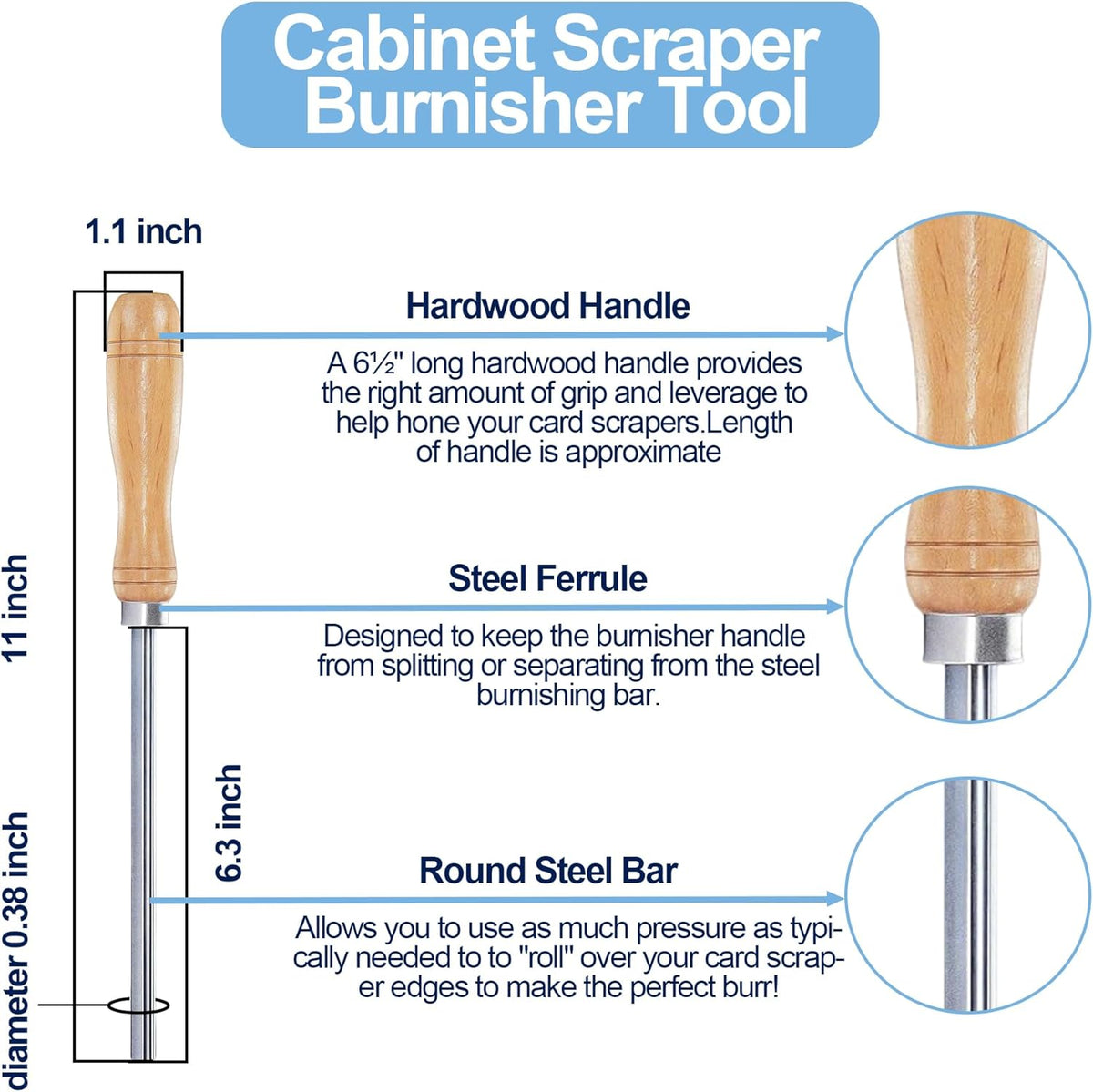 Cabinet Scraper Burnisher Tool, With High-Quality Wooden Handle and Super Hard High Speed Steel Rod, Scraper Burnisher for Creating Sharp Burrs and Honing Card Scrapers