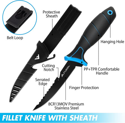 4-Piece Fillet Knife Set with Sharpener Protective Sheath, Belt Clip