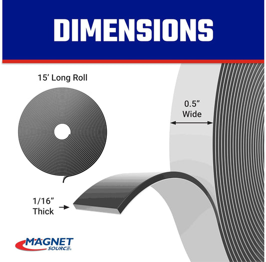 Roll-N-Cut Flexible Magnetic Tape Refill - Magnet Strips with Strong Adhesive Backing for Walls, Boards, and More - 1/16" Thick - 1/2" W - 15 Ft - 1 Roll