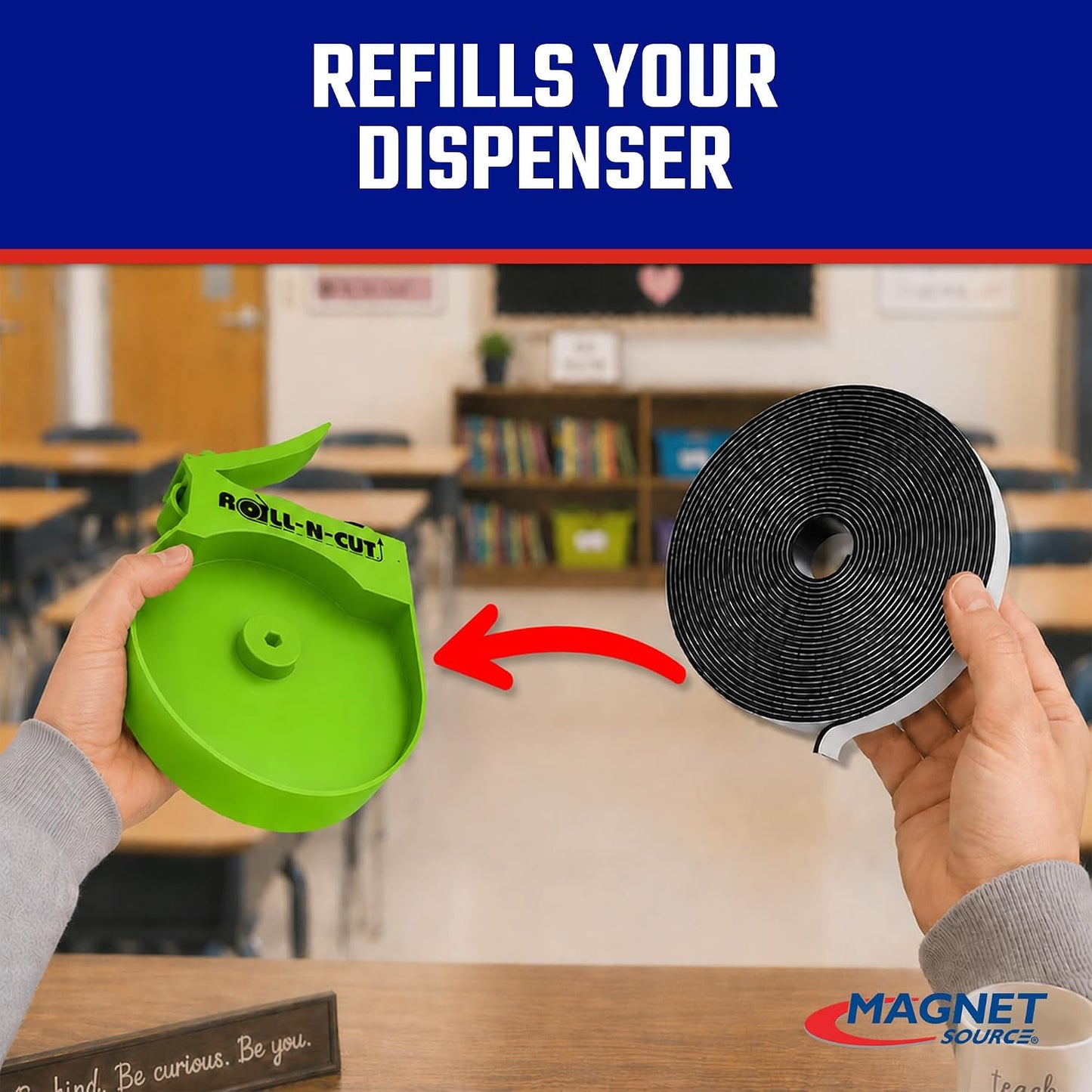 Roll-N-Cut Flexible Magnetic Tape Refill - Magnet Strips with Strong Adhesive Backing for Walls, Boards, and More - 1/16" Thick - 1/2" W - 15 Ft - 1 Roll