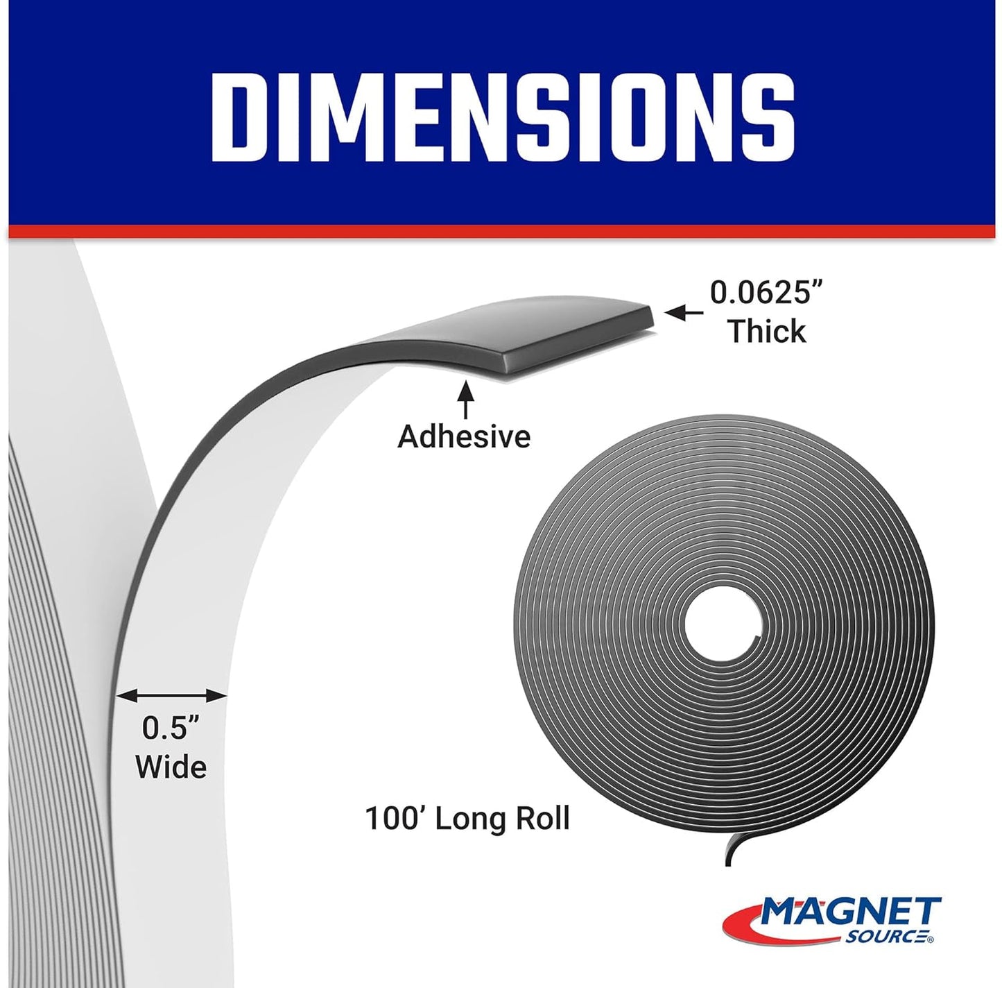 Roll-N-Cut Flexible Magnetic Tape Refill - Magnet Strips with Strong Adhesive Backing for Walls, Boards, and More - 1/16" Thick - 1/2" W - 15 Ft - 1 Roll