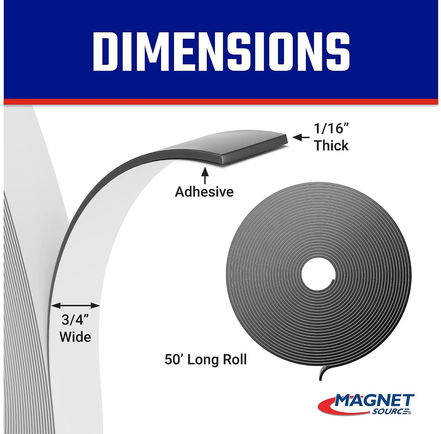 Roll-N-Cut Flexible Magnetic Tape Refill - Magnet Strips with Strong Adhesive Backing for Walls, Boards, and More - 1/16" Thick - 1/2" W - 15 Ft - 1 Roll