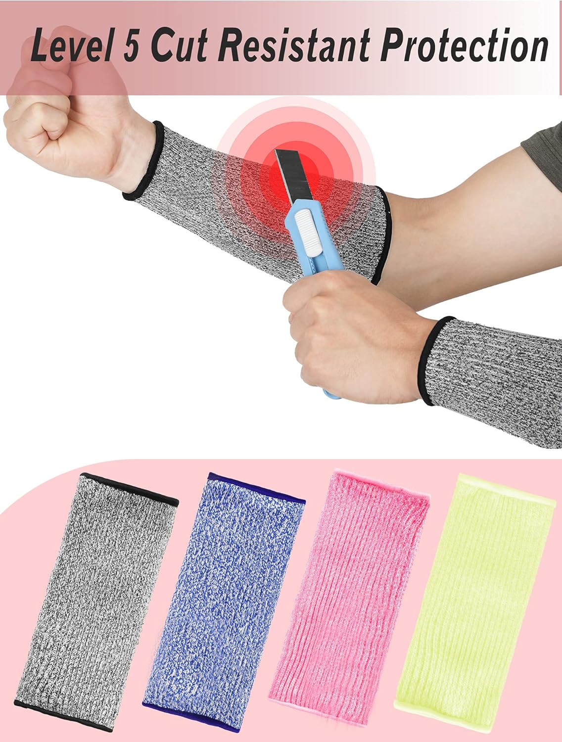 4 Pairs Arm Protectors for Thin Skin and Bruising Cut Resistant Arm Sleeves Forearm Level 5 Safety for Men Women(Grey, Blue, Pink, Yellow)
