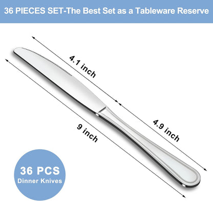 36-Piece Butter Knives, Dinner Knife Set (9 Inches), Food Grade Stainless Steel Table Knife, Knives Silverware for Home/Restaurant/Kitchen, Dishwasher Safe & Mirror Polished