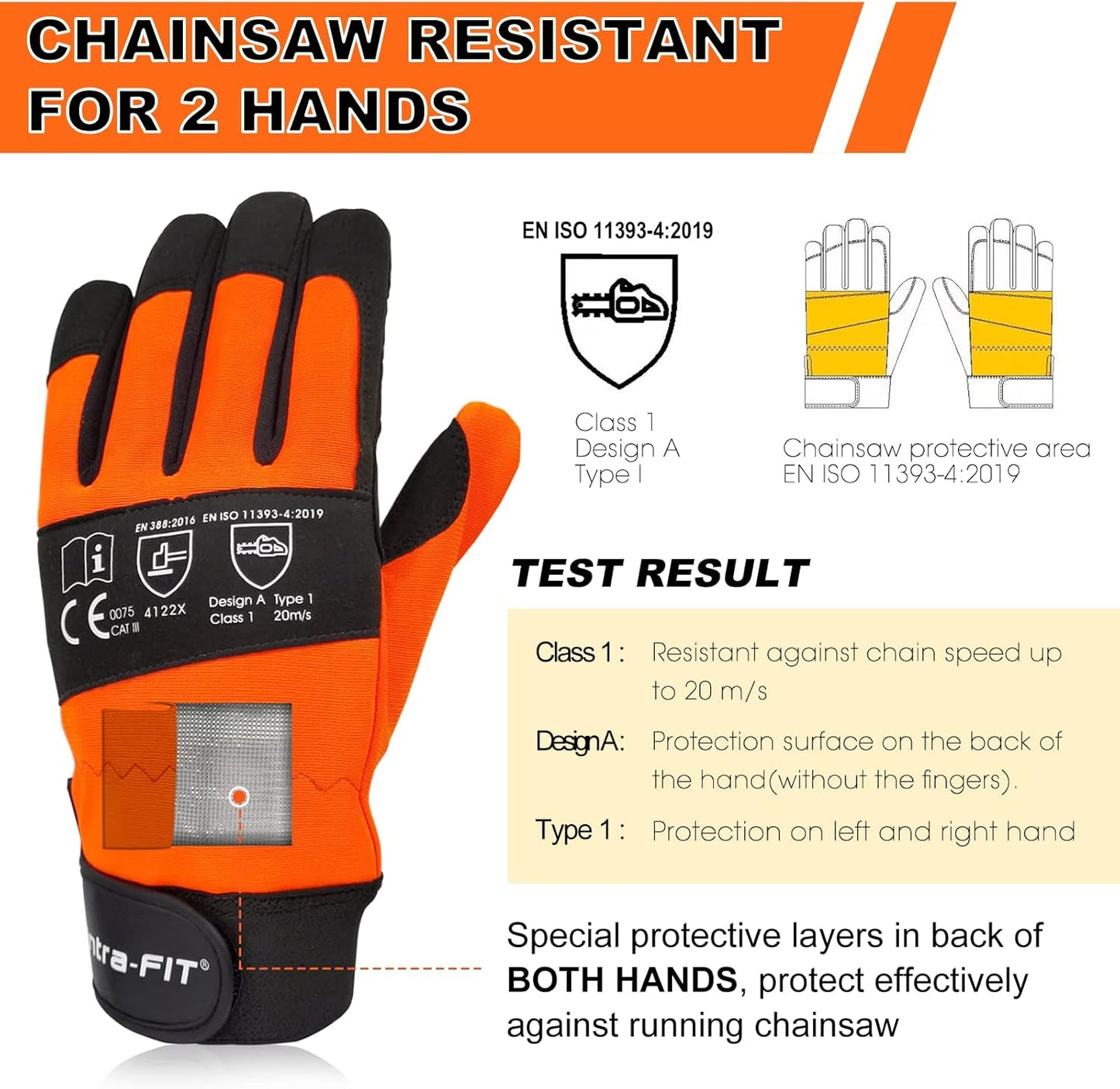 Chainsaw Gloves Saw Protection on Both Hands Back | Cut-Resistant Gloves EN ISO 11393-4, CLASS 1, EN 388: 4122X, CAT III, Module B & Module C2
