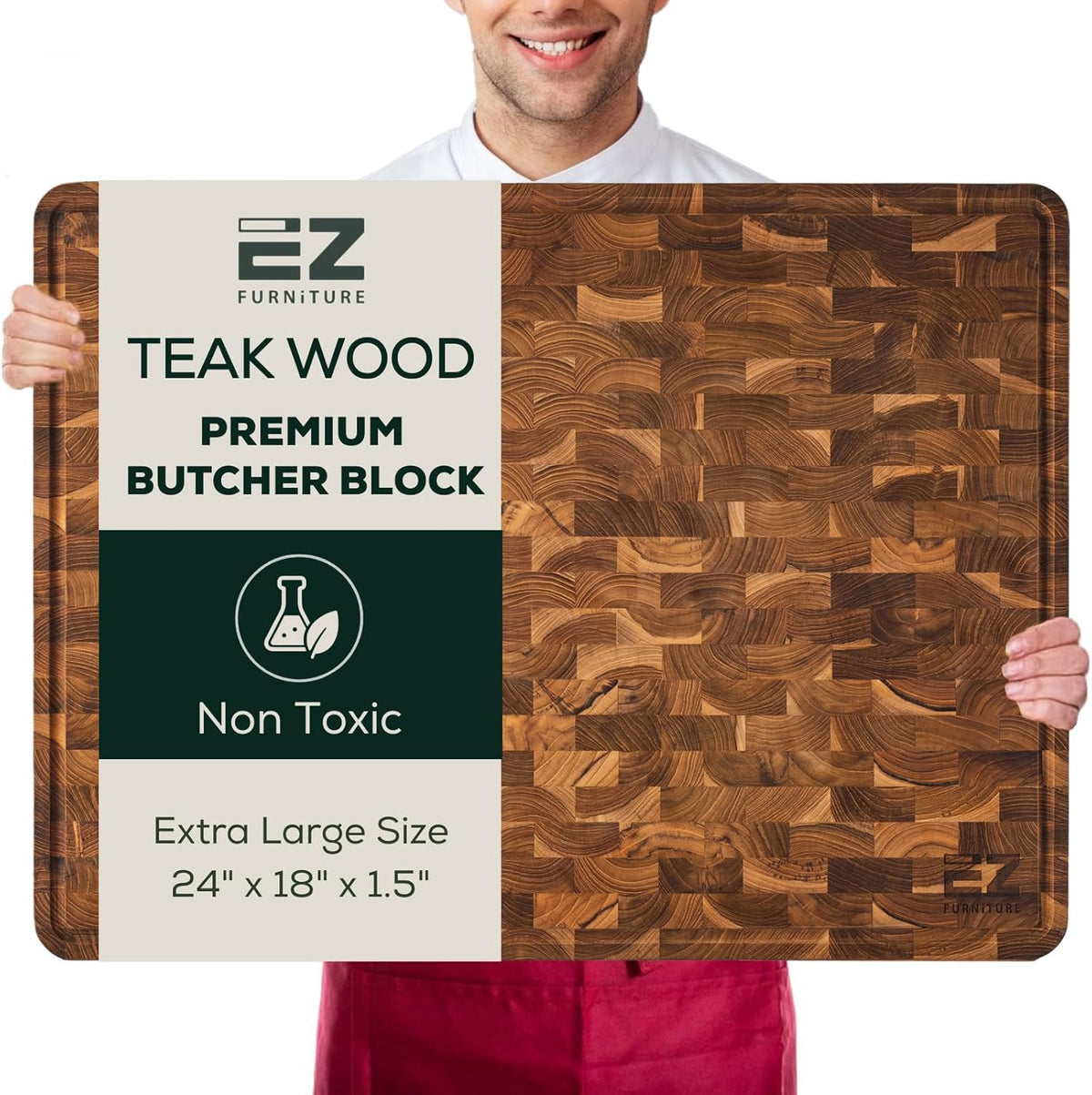 Extra Large (XL) Teak End Grain Cutting Board, Reversible, Knife-Friendly Charcuterie Butcher Block with Juice Groove & Handles, Non-Toxic, Gift Box Included (24" x 18" x 1.5")