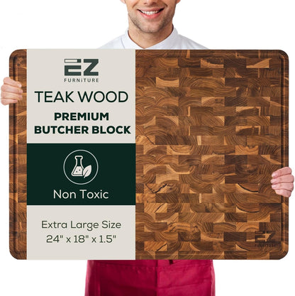 Extra Large (XL) Teak End Grain Cutting Board, Reversible, Knife-Friendly Charcuterie Butcher Block with Juice Groove & Handles, Non-Toxic, Gift Box Included (24" x 18" x 1.5")