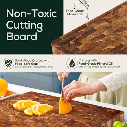 Extra Large (XL) Teak End Grain Cutting Board, Reversible, Knife-Friendly Charcuterie Butcher Block with Juice Groove & Handles, Non-Toxic, Gift Box Included (24" x 18" x 1.5")