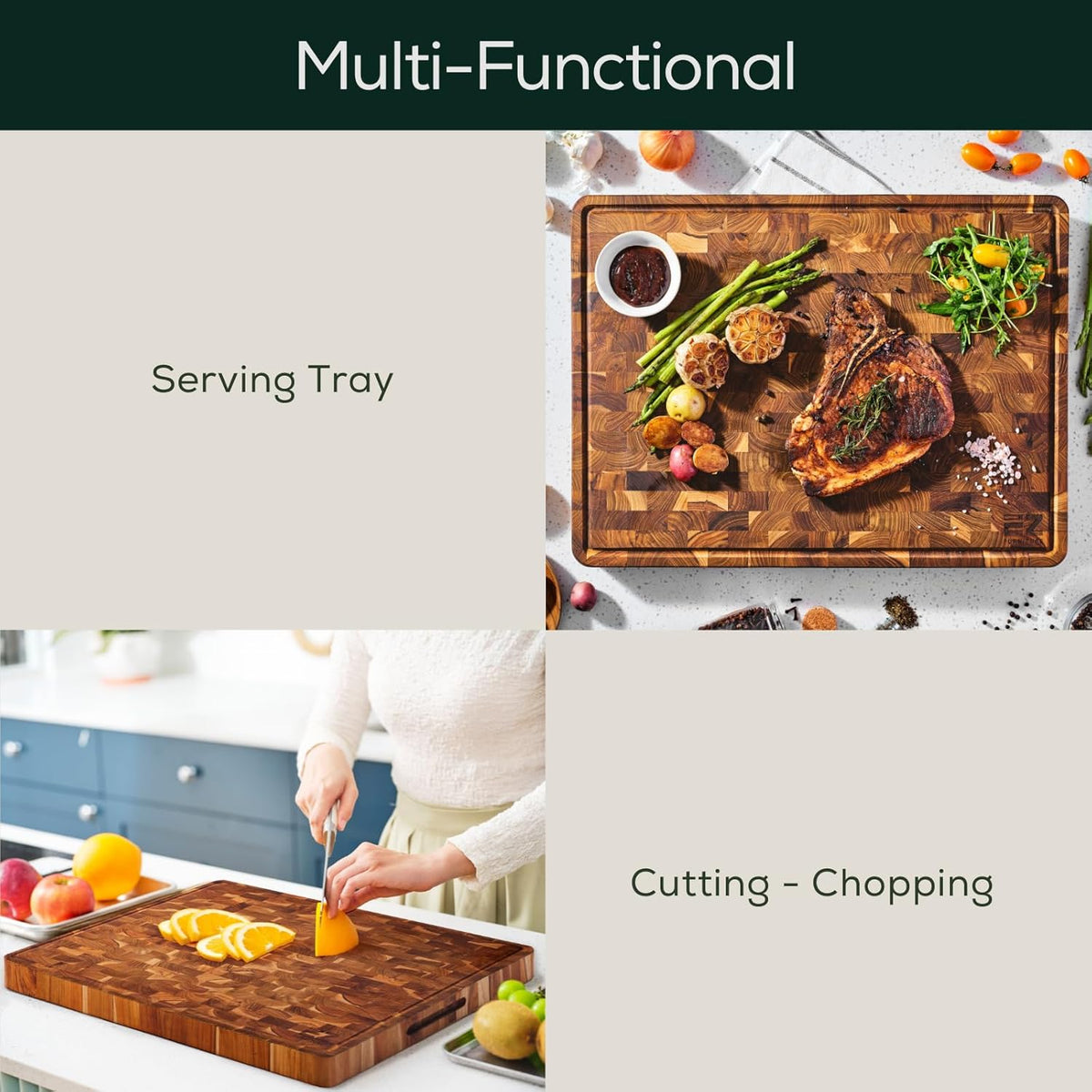 Extra Large (XL) Teak End Grain Cutting Board, Reversible, Knife-Friendly Charcuterie Butcher Block with Juice Groove & Handles, Non-Toxic, Gift Box Included (24" x 18" x 1.5")