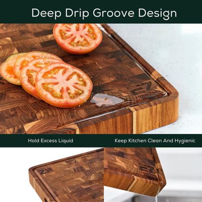 Extra Large (XL) Teak End Grain Cutting Board, Reversible, Knife-Friendly Charcuterie Butcher Block with Juice Groove & Handles, Non-Toxic, Gift Box Included (24" x 18" x 1.5")