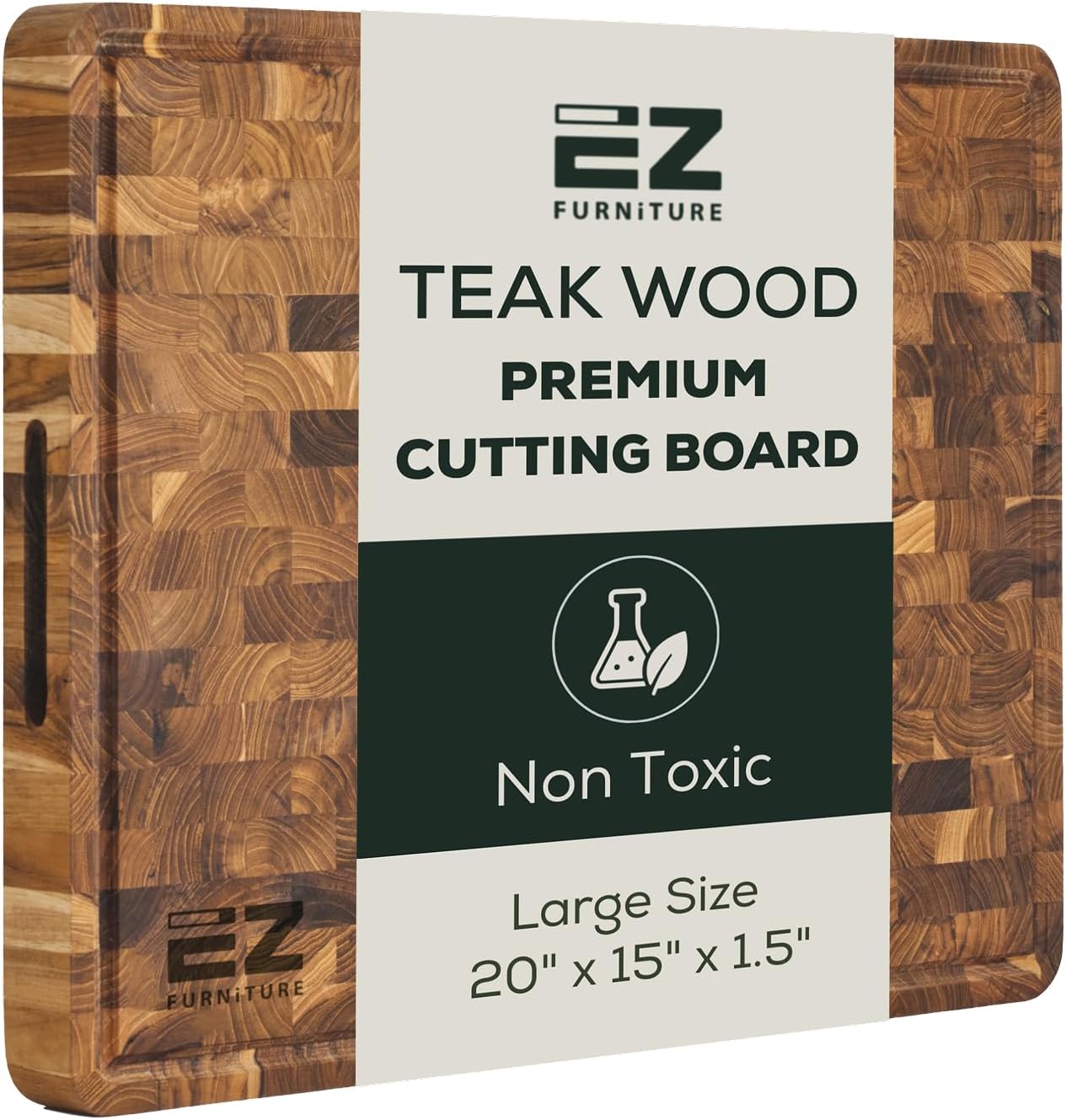 Extra Large (XL) Teak End Grain Cutting Board, Reversible, Knife-Friendly Charcuterie Butcher Block with Juice Groove & Handles, Non-Toxic, Gift Box Included (24" x 18" x 1.5")