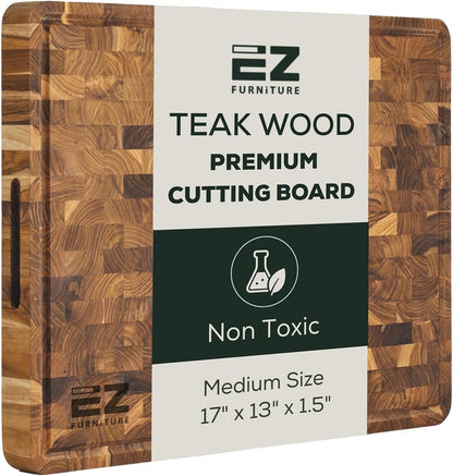 Extra Large (XL) Teak End Grain Cutting Board, Reversible, Knife-Friendly Charcuterie Butcher Block with Juice Groove & Handles, Non-Toxic, Gift Box Included (24" x 18" x 1.5")