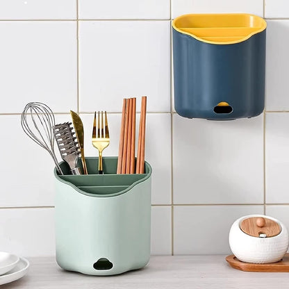 Kitchen Utensil Holder, Wall Mounted Desktop Cutlery Organizer Chopsticks Holder Drying Rack with Drain Hole for Forks, Knives, Spoons, Chopsticks(Green)
